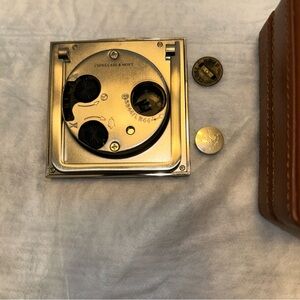 Gold Square Clock Mechanism with Brown Leather Case